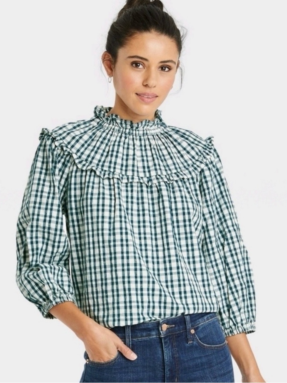 New! Universal Thread Green Plaid Ruffle Neck Blouse Sz XS